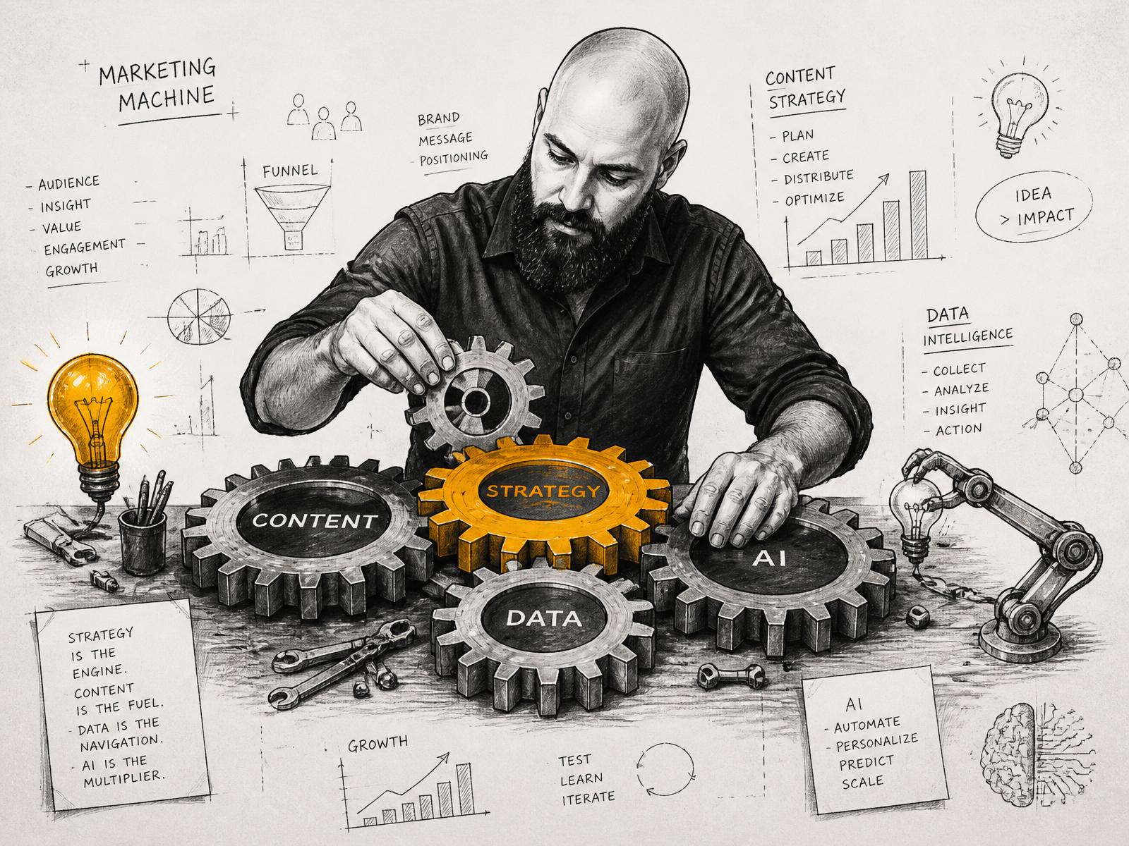 Ilustração do autor da Oficina do Marketing montando engrenagens na bancada